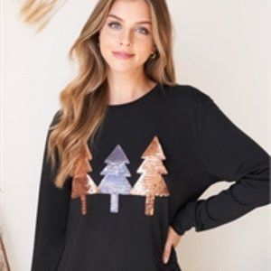 New Junior's Cute Boutique Black sequin xmas tree top